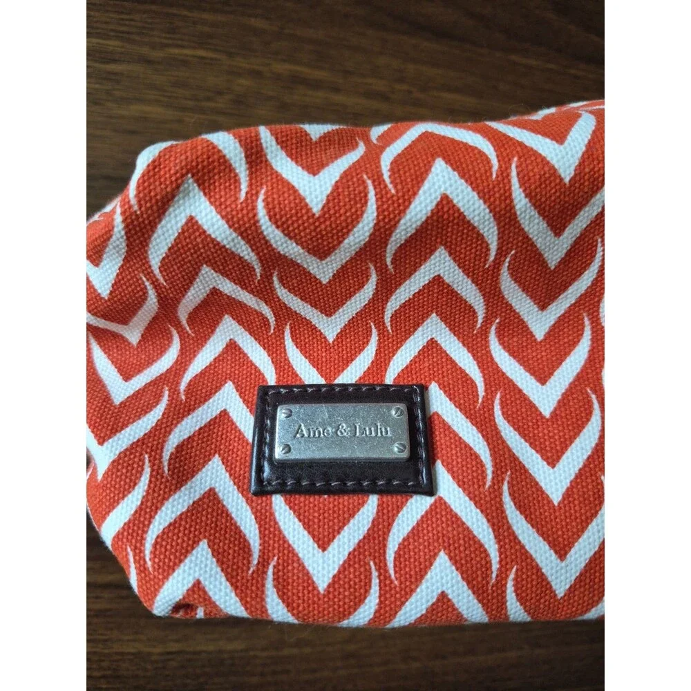 Ame & Lulu Cosmetic Makeup Bag Travel Pouch Canvas Orange White Geometric Zipper